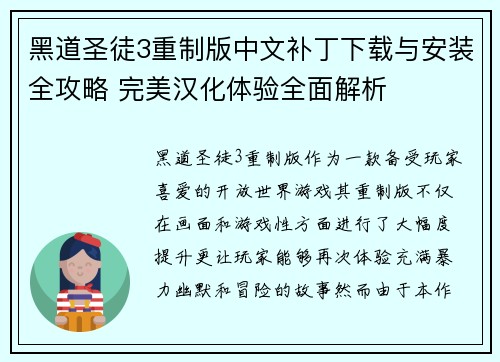 黑道圣徒3重制版中文补丁下载与安装全攻略 完美汉化体验全面解析